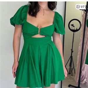 House of Harlow 1960 Emerald Green Puff Sleeve Linen Blend Dress NWT